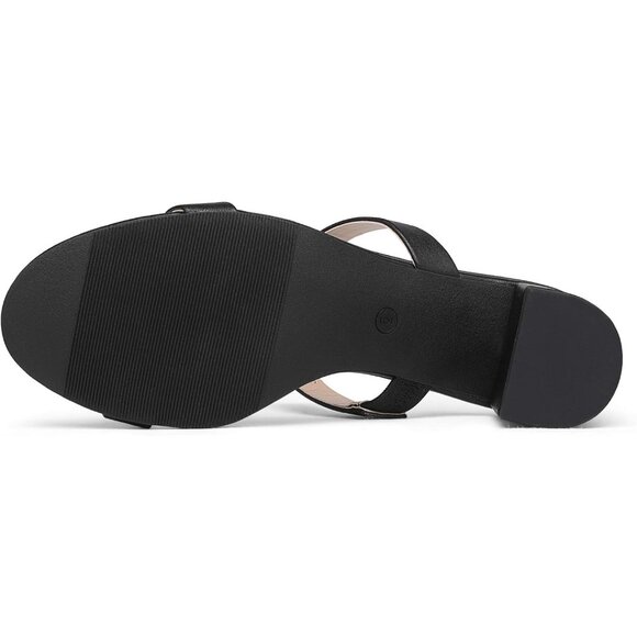 🆕Women Black PU Polyurethane Two Strap Open Toe Low Block Chunky Heel Sandals - Picture 8 of 8